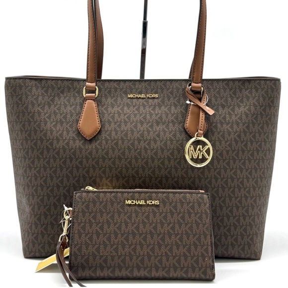Michael Kors Sheila Large Logo Tote Bag & Matching & Double Zip Wallet Brown